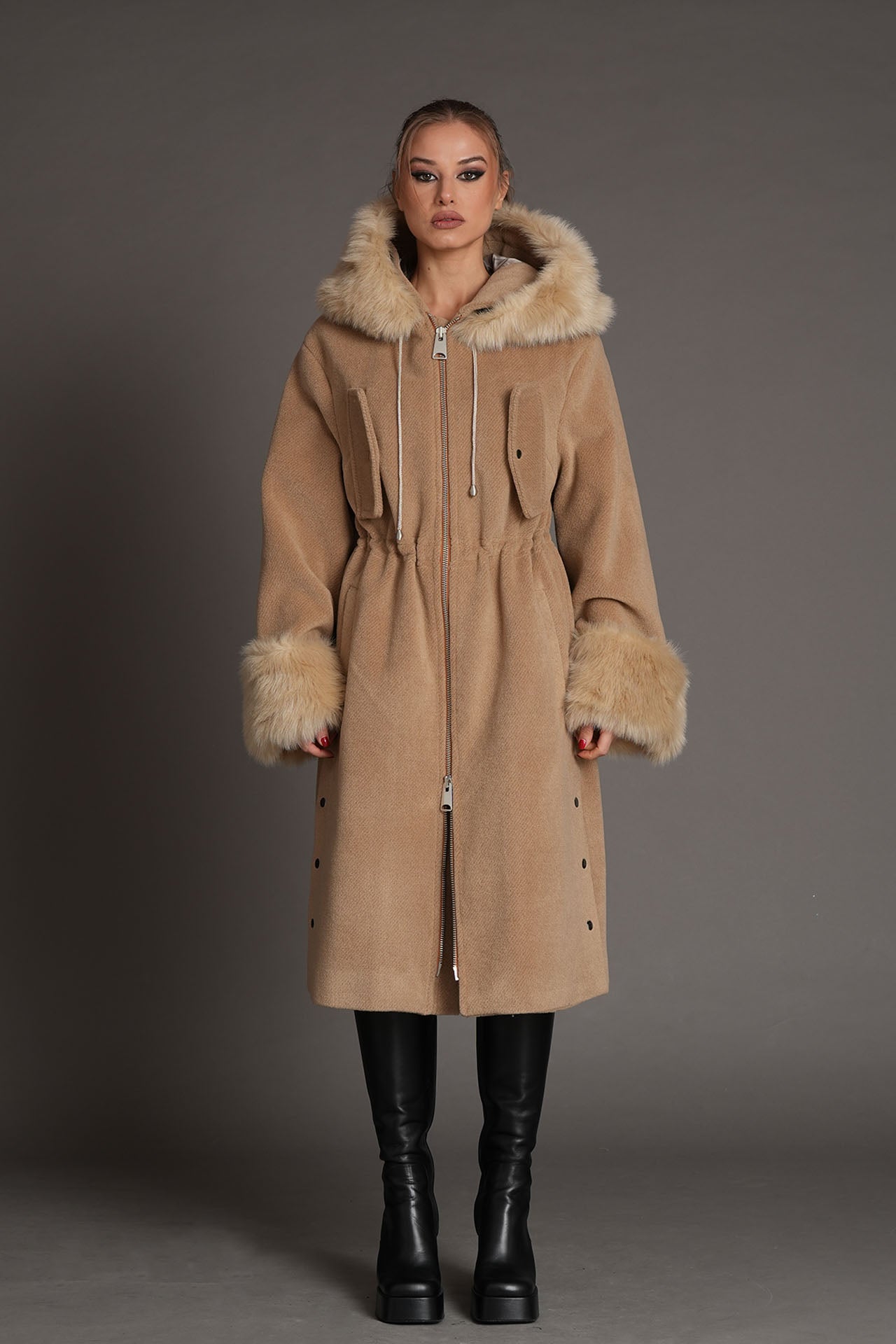 Bennato in camel parka coat