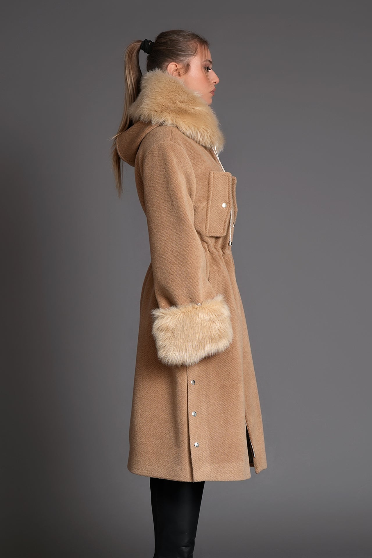 Bennato in camel parka coat