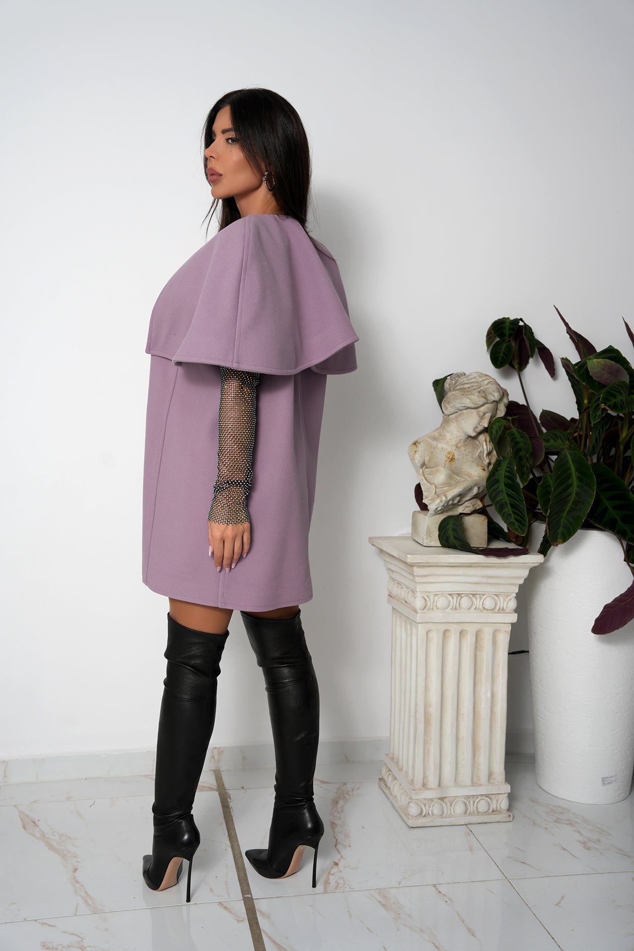 Serena in Ash Rose cape coat