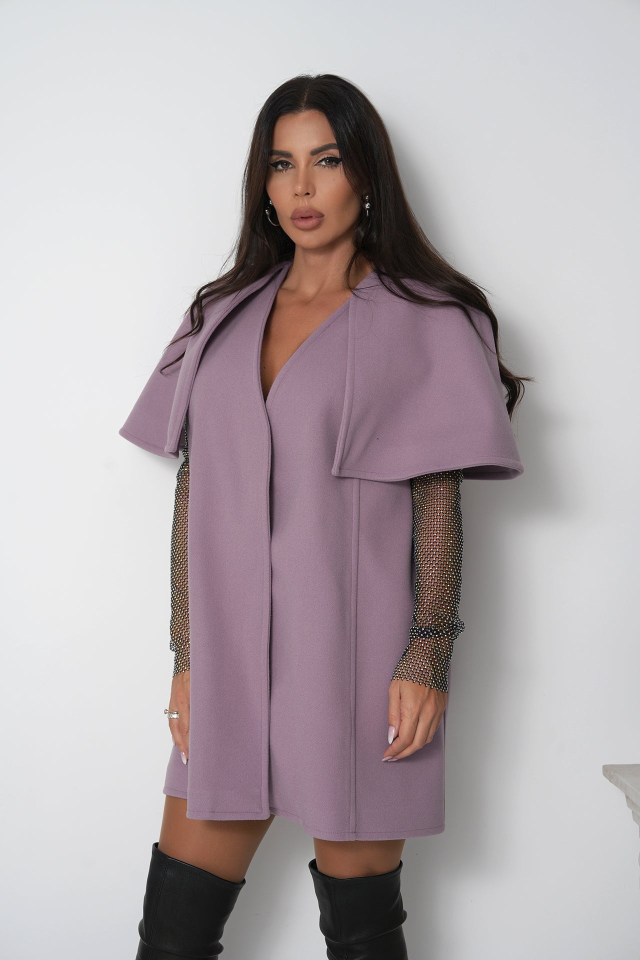 Serena in Ash Rose cape coat