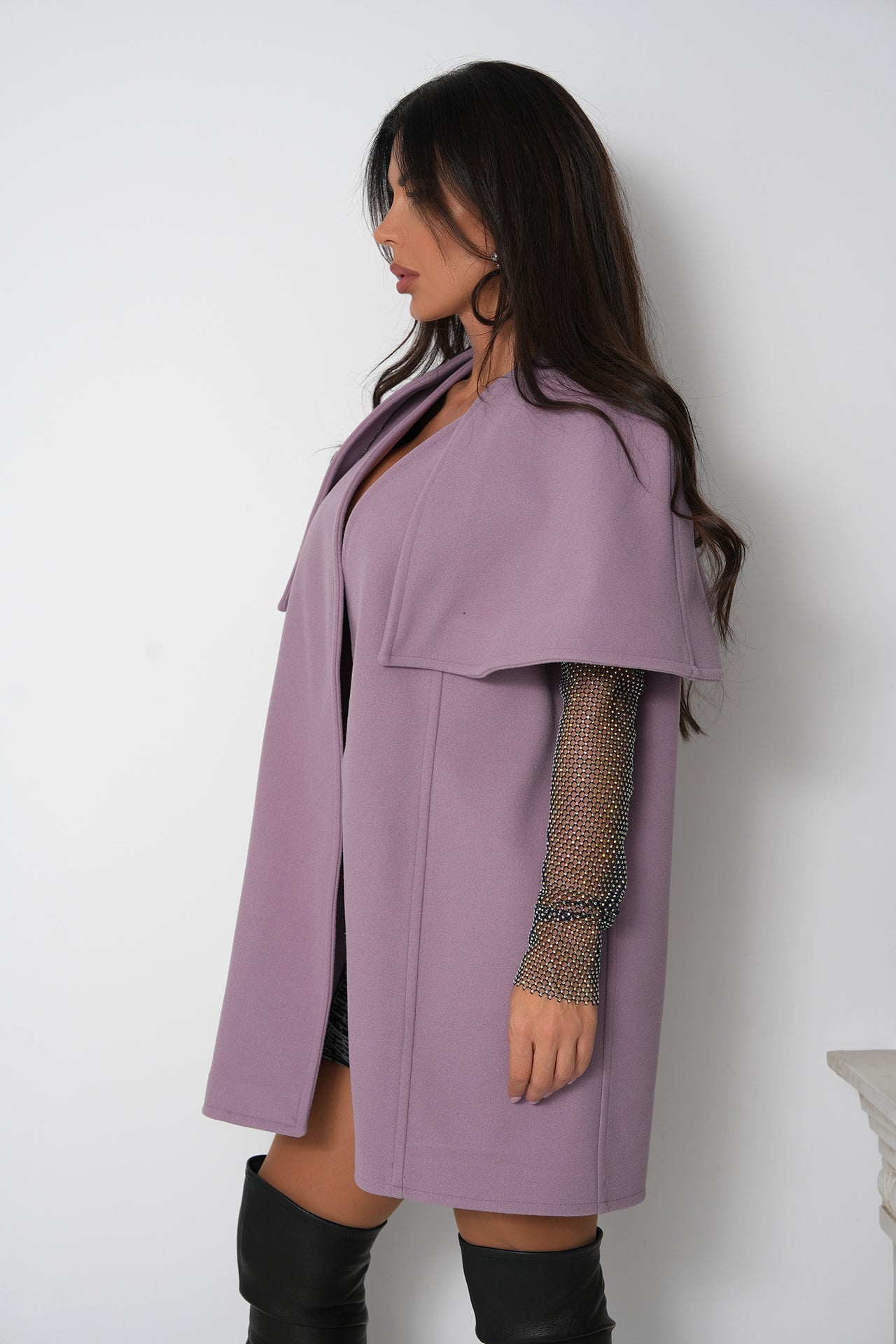 Serena in Ash Rose cape coat