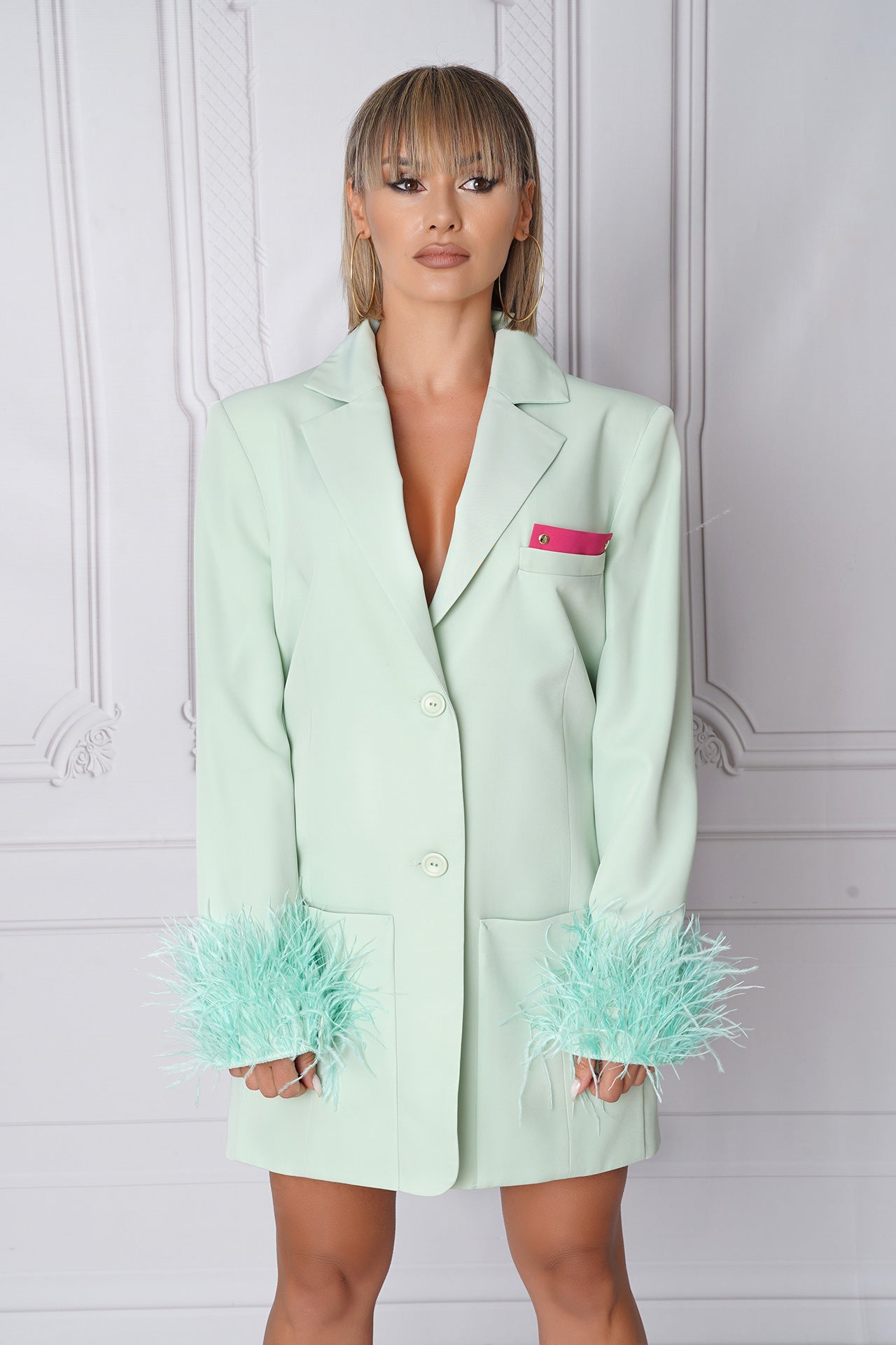 Atina in mint tea trench dress