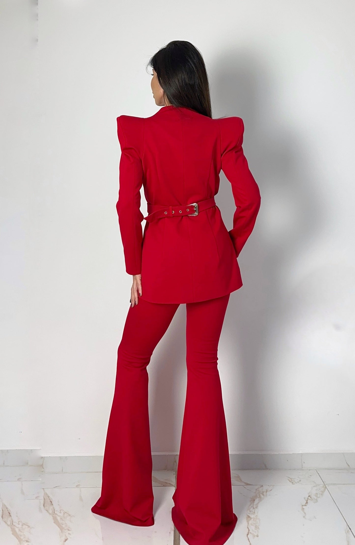 Amber in Ruby Red trousers